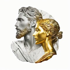 Obraz premium Sculpture de personnes stoïciennes, homme, femme, or et marbre, romance et amour. Idéal pour la Saint-Valentin, le papier peint, l'arrière-plan