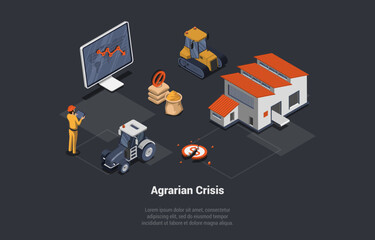 Global World Crisis Concept. Shocked Agrarian Concerned Of Economic Situation. Decline, Downfall, Inflation, Devaluation, Falling Grain Prices And Bankruptcy. Isometric 3d Cartoon Vector Illustration