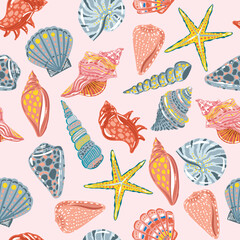 Beautiful seashells, corals and starfishes Seamless pattern - 561315238