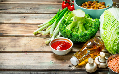 Healthy food. Variety of organic vegetables and mushrooms .