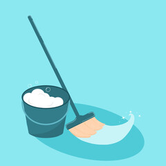 cleaning kit - mop, broom and bucket of foam. Magic cleaning.