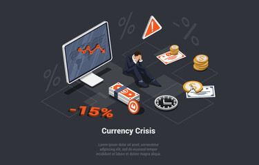Financial Crisis, Inflation And Devaluation. Interest Rate Impact for Stock Investment. Man Holding Head From Falling Assets, Price Increase. Unstable Nominal Worth. Isometric 3D Vector Illustration
