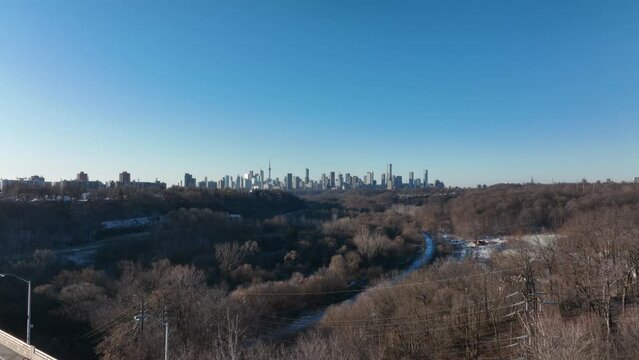 Aerial cinematic downtown Toronto DVP sunrise 1