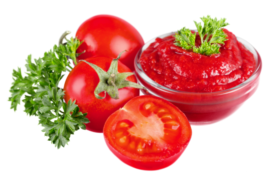 fresh tomatoes with paste on white background
