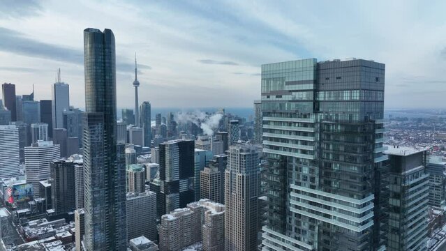 Aerial cinematic downtown Toronto Dundas Square Ryerson Yonge 3