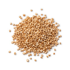 Heap of puffed quinoa close up as an ingredient for breakfast isolated on white background