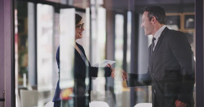 Handshake, business meeting and team partnership, company recruitment and manager interview. Business people, shaking hands and thank you, welcome hiring and b2b networking support in modern office