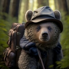 Portrait one bear with hat and backpack, looking at camera, hiking on the woods. Ai Generative.