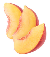 Three pieces of peach fruit in a row on top of each other, cutout