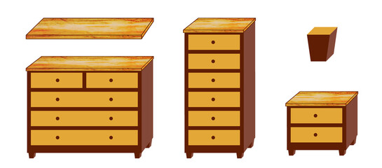 Set of wooden furniture with marble top isolated on transparent background, png; brown and yellow cabinet, drawer and nightstand; interior design; illustration, clipart, cartoon