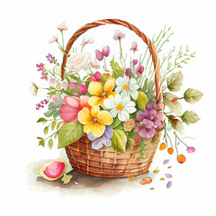 Cute watercolor basket with spring flowers