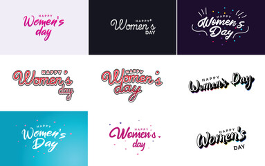 Fototapeta na wymiar Happy Women's Day greeting card template with hand-lettering text design creative typography for holiday greetings; vector illustration
