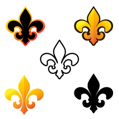 Fleur De Lis icons collection Royal french heraldic symbol Different types of color, black and outline. New Orleans symbol of support and recover Design element Vector illustration Isolated on white
