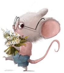cute little mouse character with present bouquet