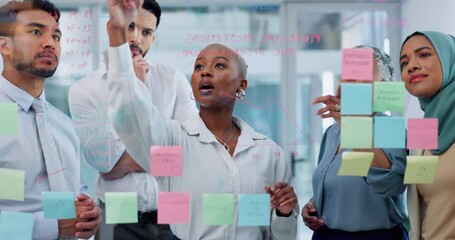 Meeting, collaboration and sticky notes on glass with a business black woman coaching her team in the office. Strategy, teamwork and planning with a creative man and woman employee group at work