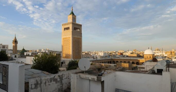 View of the Old Medina of Tunis, Unesco. Around 700 monuments, including palaces, mosques, mausoleums, madrasas and fountains, testify to this remarkable historic city.