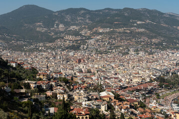 Fototapeta na wymiar Aerial view of Alanya city set on the slopes the Taurus Mountains, Turkey.