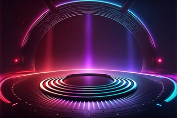 Scifi Futuristic Stage Neon Glowing Gradient Vibrant Purple Blue Red Colored Metal Shiny Glossy Circle Stage Mesh Floor Clean Modern Cyber Background 3D Rendering