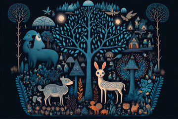 Animal creatures in a forest. Fantasy, fairytale illsutration