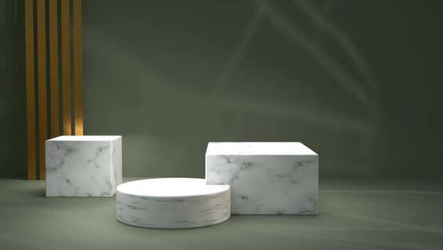 Light animation with marble podiums. 3d render scene for jewelry or beauty product presentation on olive green background. Stone textured display platform