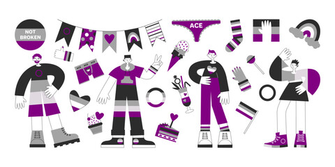 Asexual people elements set. Ace awareness and visibility. Diversity, equality, inclusion for aromantic, demiromantic, demisexual. LGBT pride month vector flat illustration.