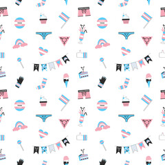 Transgender mtf and ftm seamless pattern. Trans awareness and visibility. Diversity, equality, inclusion for genderqueer and crossddressers. LGBT pride month vector flat illustration set. - obrazy, fototapety, plakaty