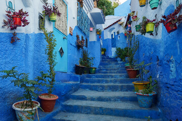 Morocco. Chefchaouen. A typical decorated blue street of the medina