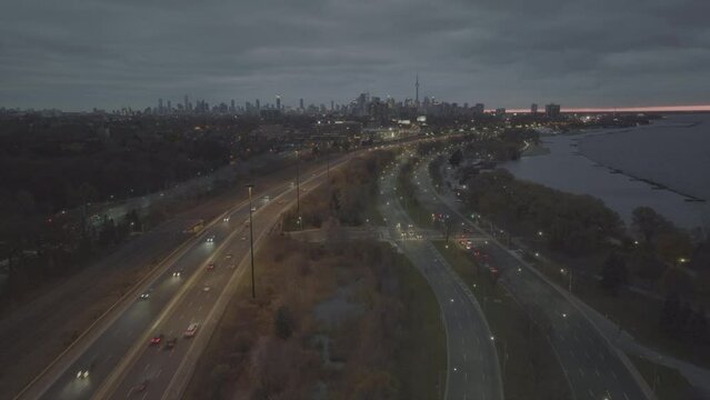 Aerial cinematic downtown Toronto lakeshore monring 1