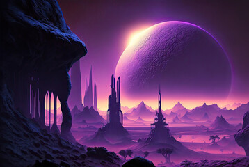 magenta, purple, pink alien landscape. Generative AI picture.