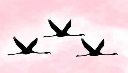 Black silhouette of flying flamingos against a pink and white background. Modern minimalist art.  © Elly Miller