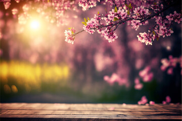 Naklejka na ściany i meble Spring beautiful background with pink juicy young cherry blossoms and empty wooden table in nature outdoor, bokeh,