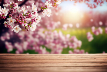 Spring beautiful background with pink juicy young cherry blossoms and empty wooden table in nature outdoor, bokeh,