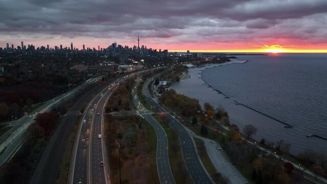 Aerial cinematic downtown Toronto lakeshore monring 5