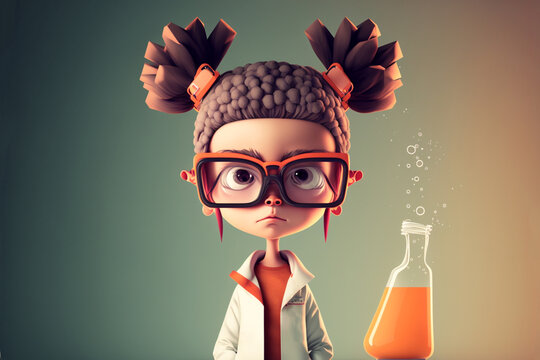 Scientist in laboratory with chemicals. Young girl with glasses, female student and a lab flask, standing. AI generative

