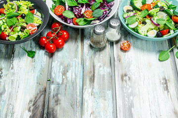Vegetable salad. A variety of organic salads, vegetables with olive oil and spices .