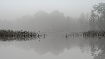 A large pond enveloped in heavy fog on a winter day.
