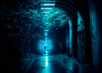 Photorealistic Generative AI illustration of a Rainy foggy night on a street of a cyberpunk city. Tropical vegetation near old buildings. Wet asphalt reflecting glowing neon lights. Gloomy urban scene