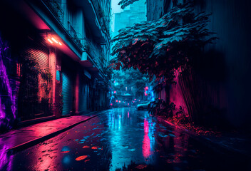 Photorealistic Generative AI illustration of a Rainy foggy night on a street of a cyberpunk city. Tropical vegetation near old buildings. Wet asphalt reflecting glowing neon lights. Gloomy urban scene