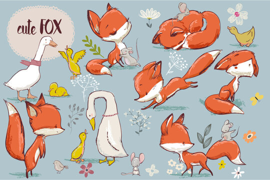 set of funny animals fox and goose