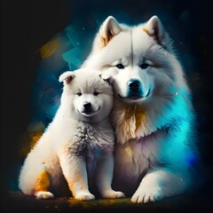 Fototapeta premium Samoyed dog with a puppy