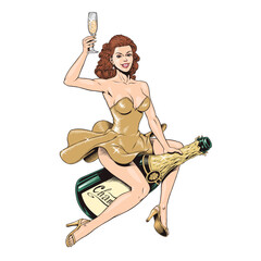 Pin up girl in luxurious golden dress holding a glass of sparkling wine and riding a champagne or prosecco wine bottle isolated on white background. Vector illustration. 