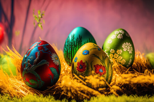 colourful Easter eggs. Generative AI picture.