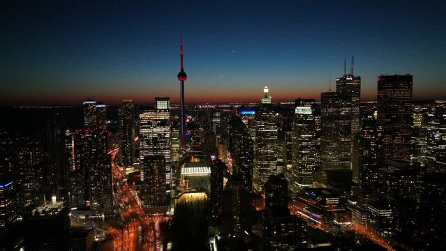 Aerial cinematic downtown Toronto QEW lakeshore sunset financial district 7