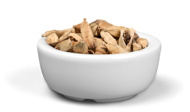 Collection of different spices with names in white pans, isolated