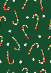 Seamless vector pattern with candy canes and stars on a green background. Cute holiday vertical design. Perfect for textile, fabric, prints or wrapping paper.