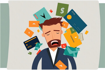 A stressed man worried about money, debt, cartoon illustration, credit, debit, man with financial problems