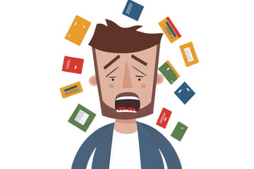 A stressed man worried about money, debt, cartoon illustration, credit, debit, man with financial problems