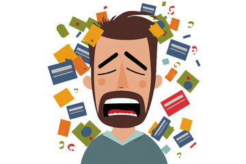 A stressed man worried about money, debt, cartoon illustration, credit, debit, man with financial problems