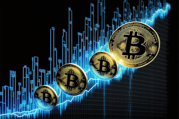 Bitcoins gold coins with stick graph chart and digital background.