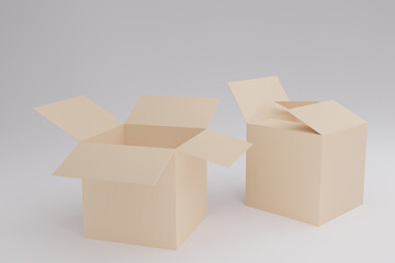 3d render illustration Carton delivery packaging box. Blank packaging box mockup template. Cardboard. Open and closed cardboard box. Packaging Boxes with white background